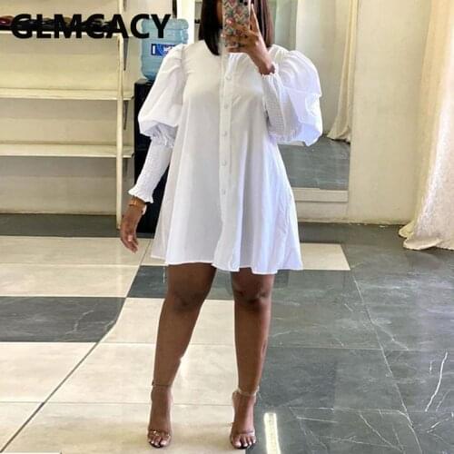 Puff Sleeve Button Up Shirt Dress Casual Loose Elegant Mini Dress