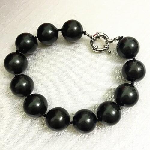 Charms natural black big high quality round shell pearl beads 14mm elegant bracelet jewelry 7.5inch B1520