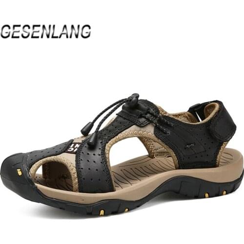 Summer Mens Beach Sandals Closed Toe Anti-Slip Outdoor Hiking Fishing Wading Genuine Leather Big Size Male Casual Walking Shoes