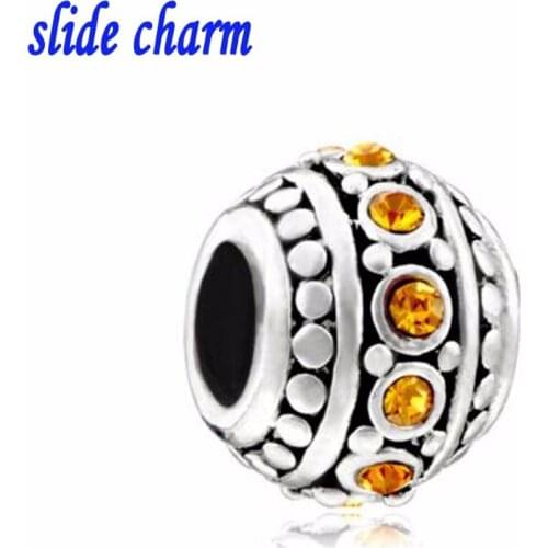 Slide charm Free shipping lovers gift exquisite yellow crystal amulet charm beads fit Pandora bracelet