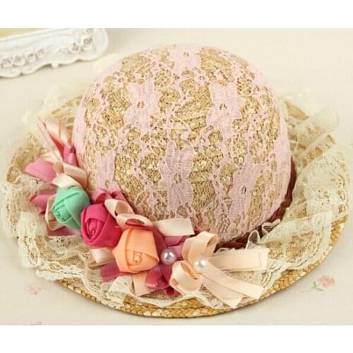 Wholesale NEW children baby summer sunhat lovely lace straw rose flower beach hat cap fit for 54cm 3-10years old