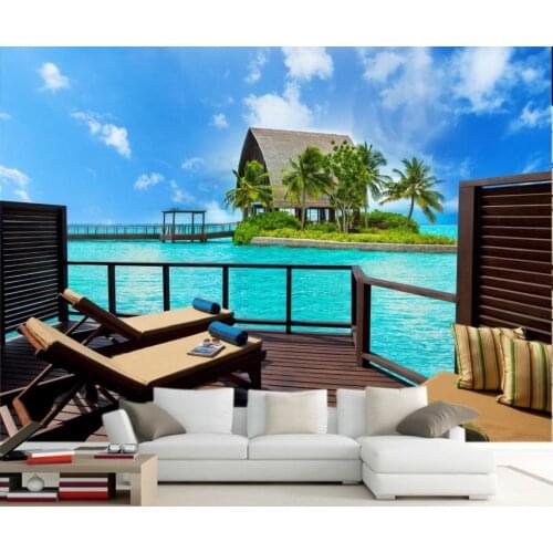 Modern and simple observation deck open-air terrace with sea view TV background wallpaper 3d mural wallpaper