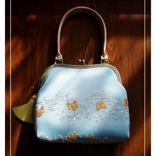 2020 Angelatracy Hand Floral Embroidery Japan Lolita Blue Women Silk Cheongsam Handbag Vintage Metal Frame Tote Crossbody Bag