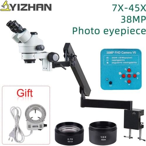 YIZHAN 7X-45X Industrial Trinocular Stereo Microscope Articulating Arm Pillar Clamp Zoom + 38MP HDMI Video Camera gift LED light