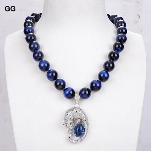 GuaiGuai Jewelry 18" Round Natural Blue Tiger Eye Necklace CZ Pendant