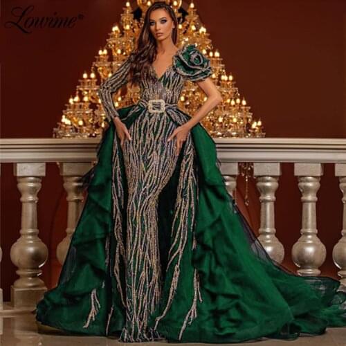 Green Glitter Evening Dresses With Detachable Skirt Navy Blue One Long Sleeve Dubai Party Kaftan Abaya Saudi Arabia Prom Dresses