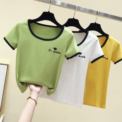 Heart Embroidery T Shirt Women Casual U Neck Ladies Tops Fashion Korean style Official Crop Tops T-Shirt