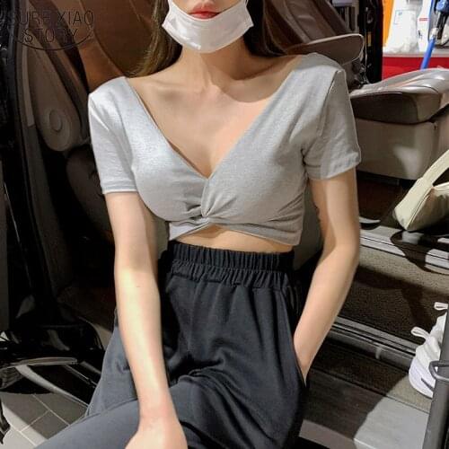 2021 Summer Korean Tops Pleated Design V-neck Short-waisted Shirt Women Chic Cross-twisting Cotton Short Sleeve Sexy Streetwear