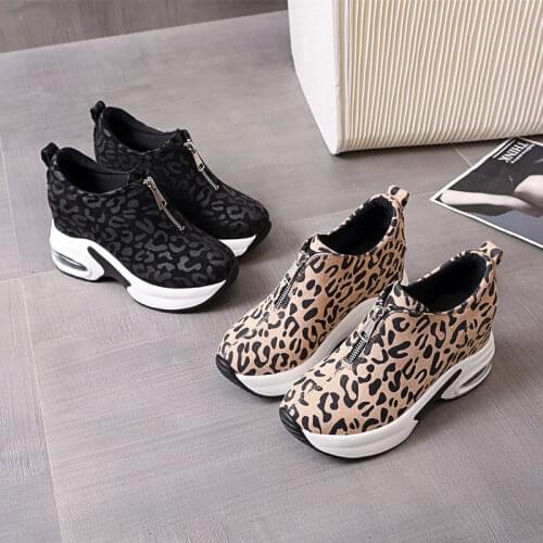 Women Vulcanized Wedges Zipper Leopard Ladies Sneakers Platform Pointes Toe Casual Woman Shoes Comfortable 2021 New Fashion