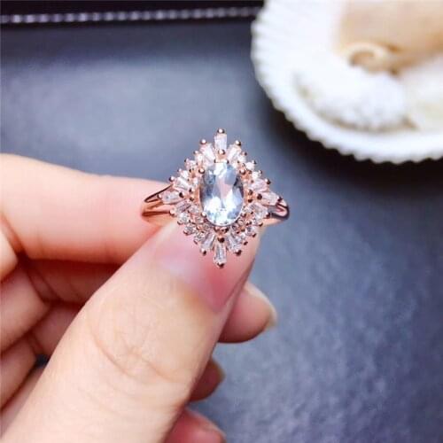 Natural Aquamarine Rings for Women Party Gifts 5x7mm 0.75Ct 5A Genuine gemstones Rose Gold Fine jewelry 925 Sterling Silver #407