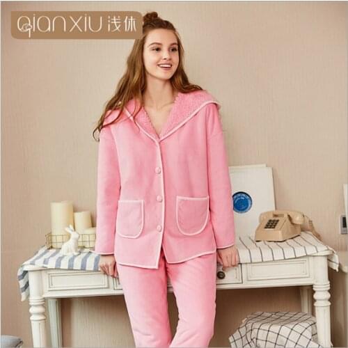 2021 Winter Pijamas Women Casual Pajama sets Female Thicken warm Lambs Sleepwear suit Ladies Hoodie collar Coat & Pants XXL