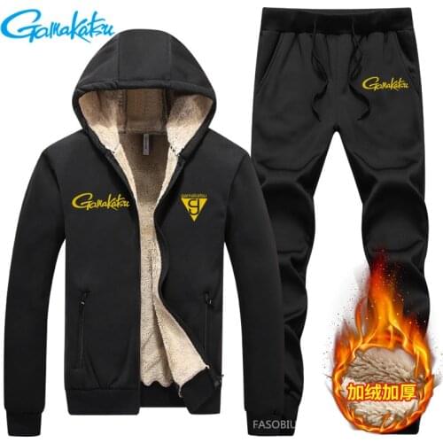 Winter Gamakatsu Fishing Clothes Outdoor Mens Plus Velvet Warm Fishing Suit Sports Solid Color Leisure Fishing Sweater Suit