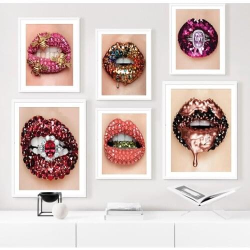 Gold Diamond Lipstick Sexy Hot Lips Salon Wall Art Canvas Painting Nordic Posters And Prints Pictures For Living Room Home Decor