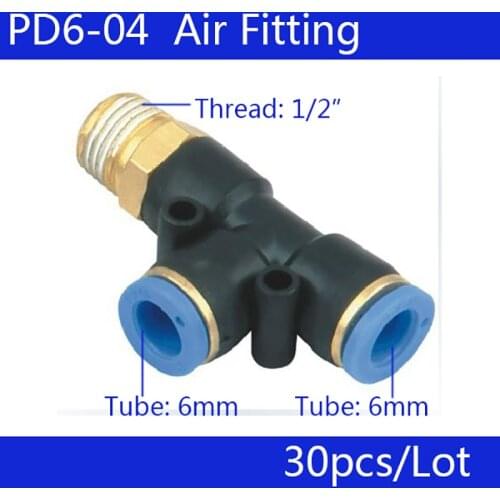 Free shipping 30Pcs PD6-04, 1/2" PT Male Thread 6mm Pneumatic Push In Fitting T Joint Connector