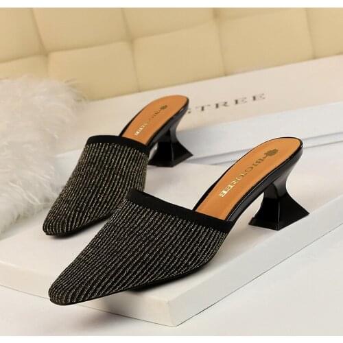 BIGTREE Pointed Toes Woven Knit Women Half Med Heels Stilettos Mules Loafer Casual Feminine Slippers Slides Sandalias Shoes