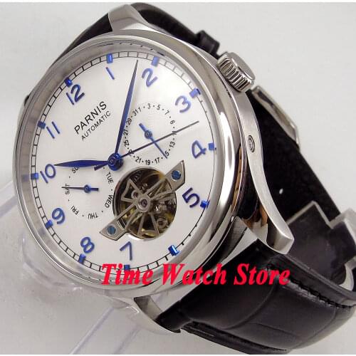 Parnis watch 43mm White dial blue marks date week Automatic Self-Winding movement Mens watch men 902
