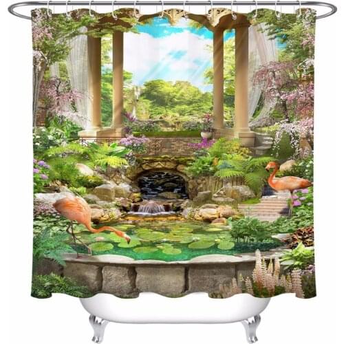 Floral Vintage Arch with a Gazebo Shower Curtain Flamingo Pond Bathroom Waterproof Washable Polyester Fabric for Bathtub Decor