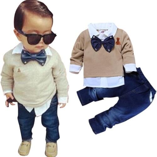 Boy Gentleman Bow Tie Lapel Fake 2 Piece Pullover Top Denim Trousers 2pcs Suit Baby Casual Cartoon Jacket Pants Set Child Outfit
