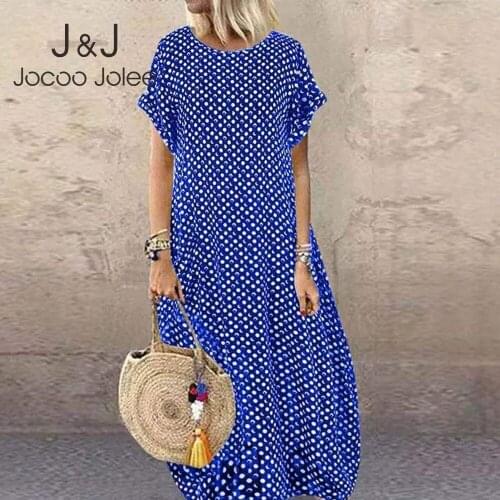 Jocoo Jolee 2021 Loose Prairie Chic Oversized Women Printing Round Neck Short Sleeve Beach Style Casual Basic Long Dresses