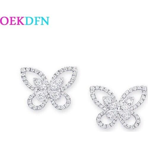 OEKDFN Luxury 100% 925 Sterling Silver Stud Earrings Created Moissanite Gemstone Birthstone Butterfly Earrings Ear Studs Jewelry