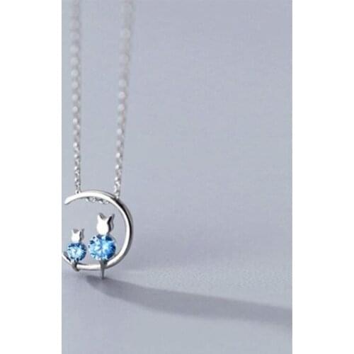 Season Gate 925 Sterling Silver Chain Blue Cats on the Moon Personality Necklace for women SN063