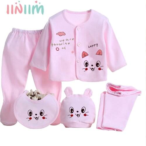 5Pcs Unisex Newborn Baby Clothes Set Infant Baby Pajamas Outfits Cartoon Print Top+Hat+Solid Color Footed Pants+Trousers+ Bib