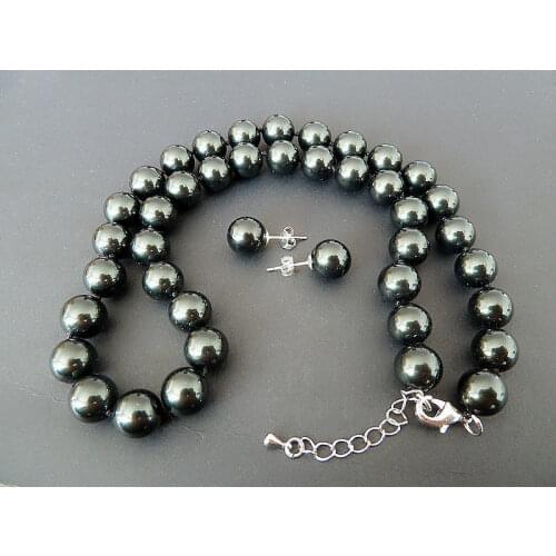 Selling Jewelry>>> Natural AAA+ 8mm black shell pearl earring and 18'' necklace set
