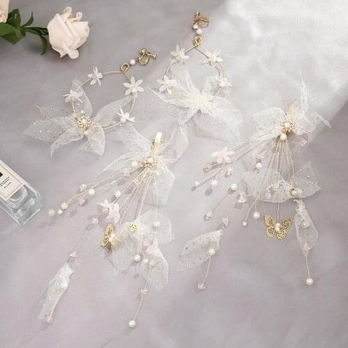 Romantic Bridal Wedding Crystal Yarn Flower Butterfly Hair Clip ear clip Party Hair Clips Hairpins For Women Banquet Jewelry set