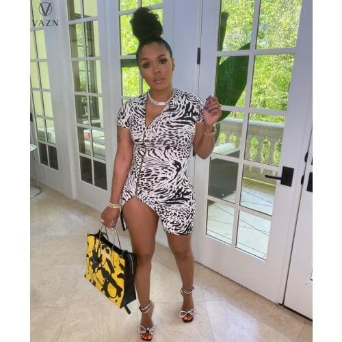 VAZN 2021 New Sundress Print Sexy Short Sleeve Black White Beach Sexy Club Birthday Mini Dress Summer Elegant Women Dress