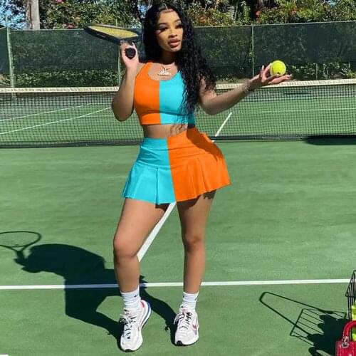 Activewear Running 2 Two Piece Skirt Set Women Summer Outfits Color Block Sleeveless Tank Top+ruched Mini Skirt Matching Suits