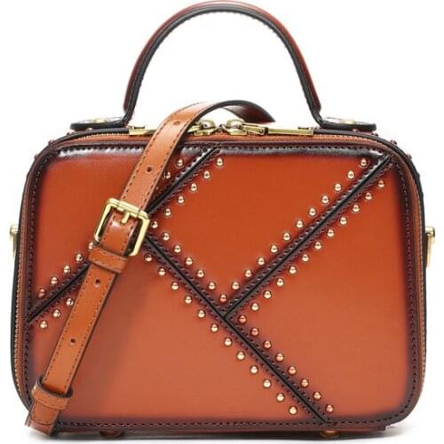 Rivet Square Bag Genuine Leather Women Bag High Quality Casual Female Shoulder Bags Ladies Punk Trend Bags Cubic Package