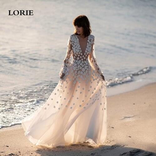 LORIE A-Line Lace Long Sleeve Wedding Dress With Flowers Tulle V Neck Boho Wedding Gowns Vestido De Novia Plus Size