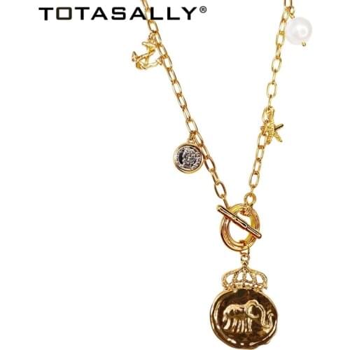 TOTASALLY 2021 Trend Party Necklace Vintage Elephant Engraved Pendant Coin Starfish Anchor Pearl Charms Collar Necklaces
