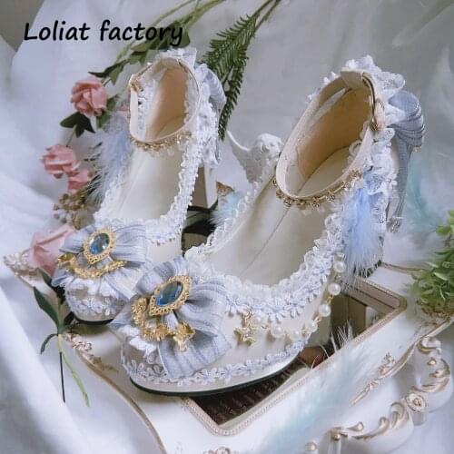 HAND MAKE Gothic Lolita Cosplay PEARL With BOW Shoes Platform Heel Lolita Shoes Tea Party Princess Shoes
