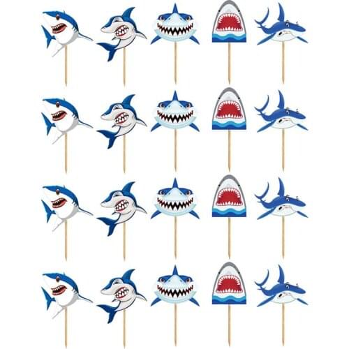 20Pcs Birthday Shark Cupcake Toppers Insert Cards Dessert Table Cake Picks Kids Birthday Cake Decorating Supplies
