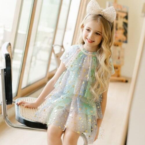 Baby Girls Party Dress 2021 Summer New Kids Korean Net Yarn Cake Dress Rainbow Star Sequins Princess Dress for Girl Tutu Dress