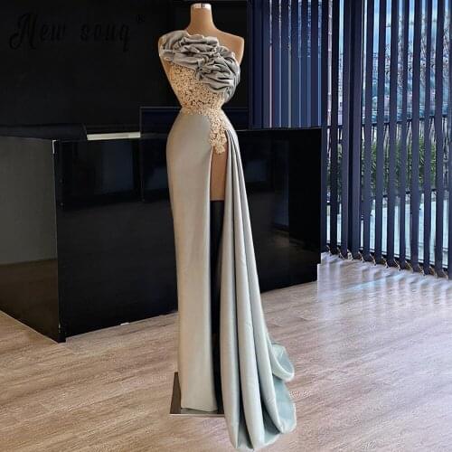 One Shoulder Silver Evening Dress Women for Wedding Dresses For Brides Beaded Appliqued Sexy Split Side Ruffles Neck Prom Gown