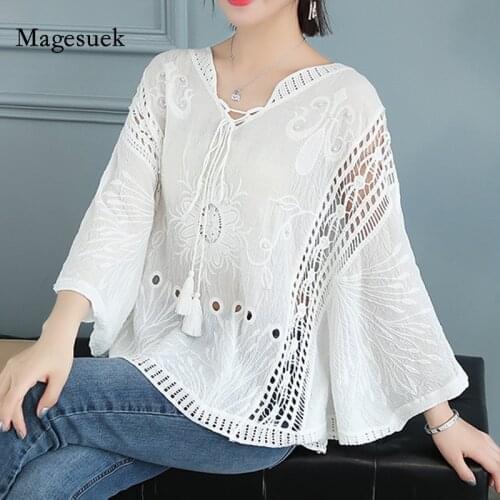 2021 Summer Lace White Blouse Women Casual Korean Solid Butterfly Sleeve Shirt Knitted Hollow Loose White Top Blusas Mujer 5739