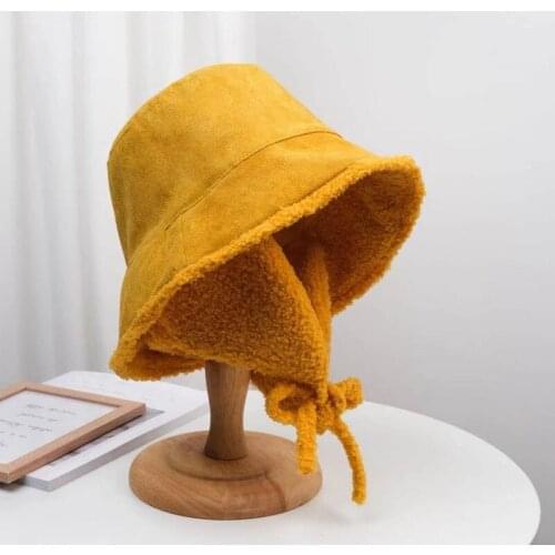 Women Autumn Winter Warm Thick Bucket Hat Ear Protector Lamb Velvet Female Girls Fisherman Cap Plush Hat With Earmuffs New