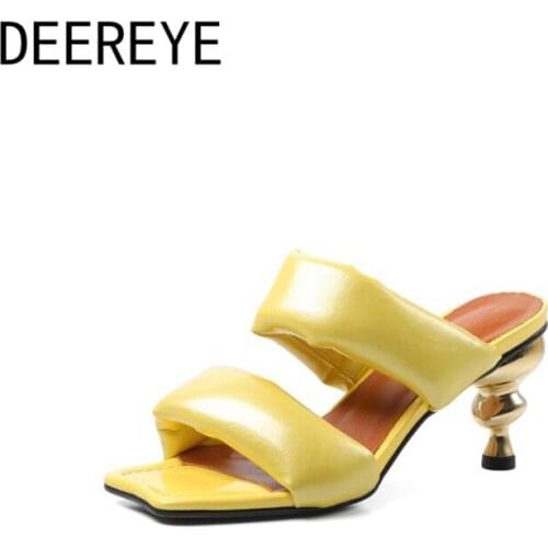 New Fashion Genuine Patent Leather Strange High Heel Slip On Slippers Mules Square Toe Sandals Designer Ladies Shoes Summer 2021