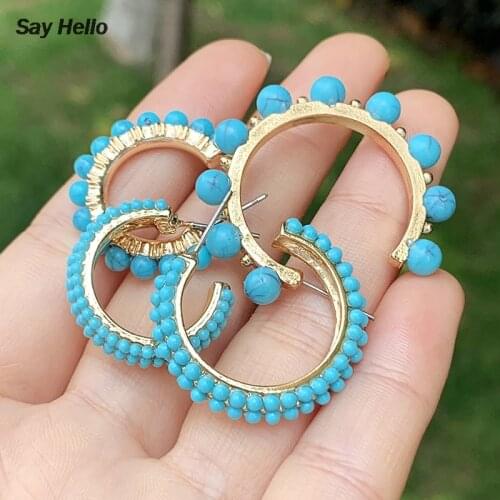 SAY HELLO New Trendy Turquoises Small Beads Circle Hoop Earrings for Women Ear Cuff Jewelry Boucle D'oreille Femme Brincos K5678
