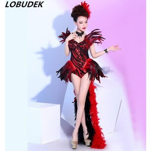 Nightclub stage catwalk costumes red feather sexy Backless female bodysuit singer Party Celebration performance costume DJ show