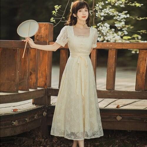 Women Bow Tie Straps Chic Ruffled Square Neck Elegant Lace Dress Summer Lace Hollow Sexy Temperament Robe Femme Retro Dress