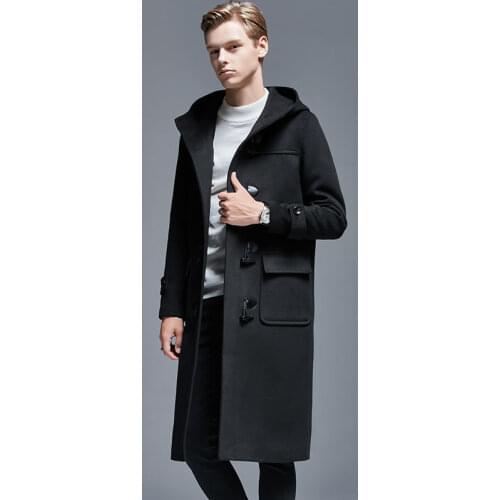 Winter Men Horn Button Woolen Coat Long Over-the-Knee Loose-Woolen Jacket Hooded Trench Thick Mens Coats and Jackets 5XL 6XL