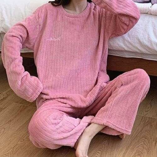 Winter Women Pajamas Coral Velvet Pyjamas Two Piece Solid Color Plus Velvet Warm Pajamas New Casual Striped Nightgown Suit Lady