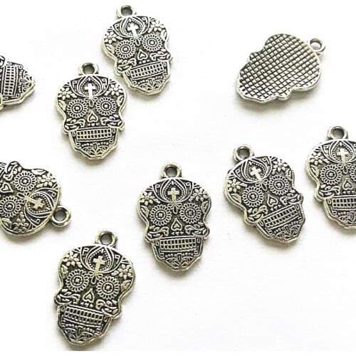 10Pcs 22x15mm Sugar Skull Charms Flower Skull Charm Antique Silver Color Tone Pendants Jewelry Making Handmade Halloween Gift