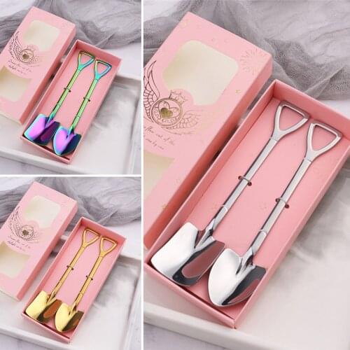 2Pcs Ice Cream Coffee Shovel Shape Tea Spoon Afternoon Dessert Fruit Gif Boxed