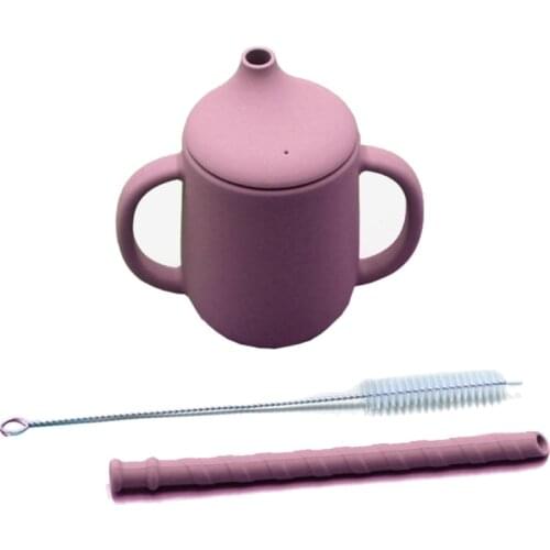 3 Pcs Baby Food Grade Silicone Feeding Sippy Cup Dual Handle Drinking Straw Cups