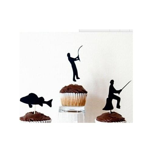 Glitter Fishing Silhouette Cupcake Toppers Party Picks baby shower wedding birthday toothpicks decor
