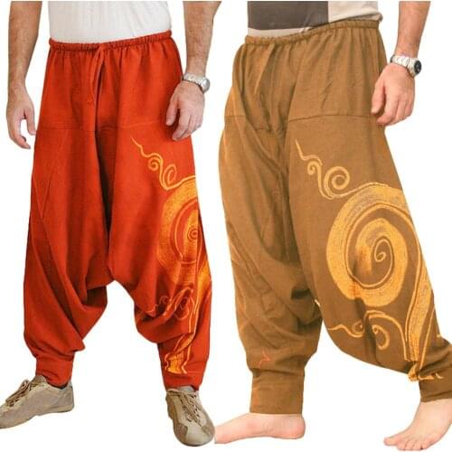 Men Casual Harem Pants Summer Yoga Baggy Aladdin Hippie Spiral Print Trousers